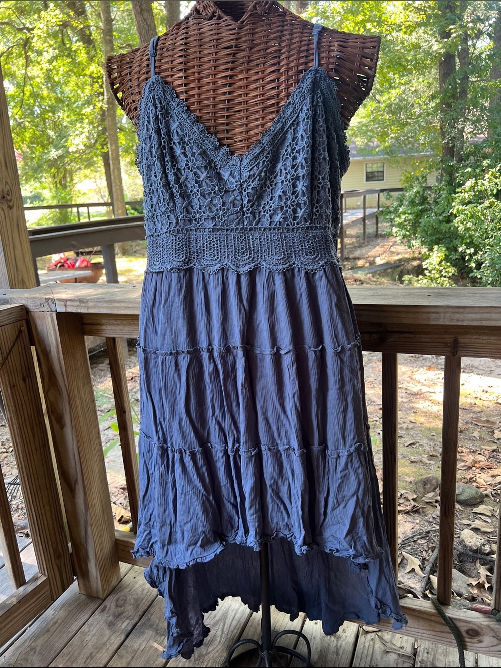 Boho Crochet Bodice Spaghetti Strap Maxi Dress asymmetrical - Blue